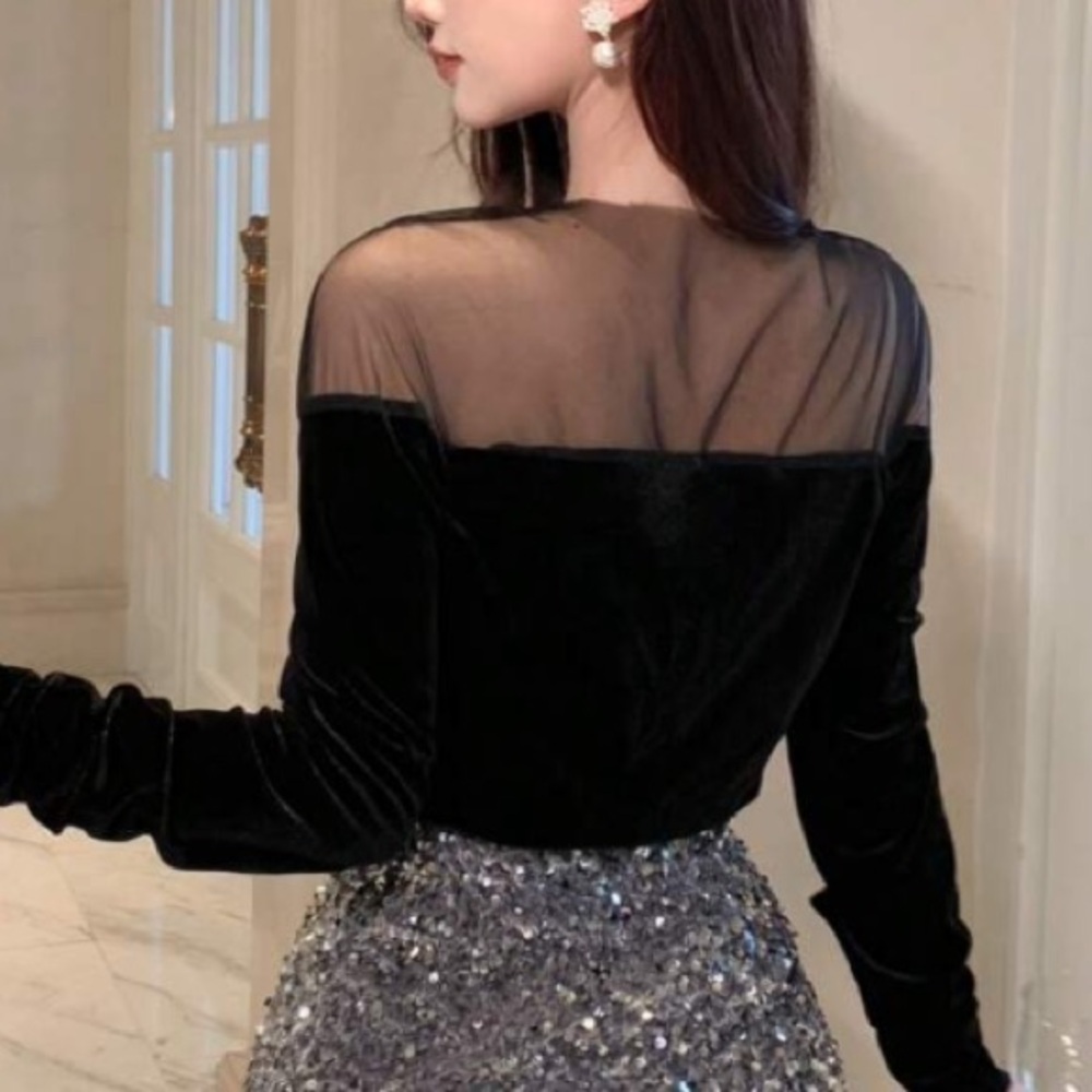 Mesh velvet contrast long sleeve black top - Picture 2 of 5